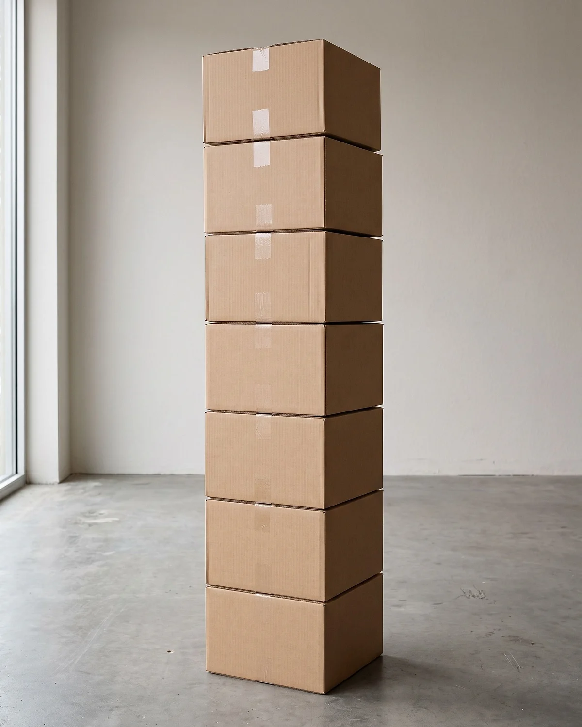 Columna de siete cajas de cartón kraft estibadas: la de abajo carga el peso de todas las de encima