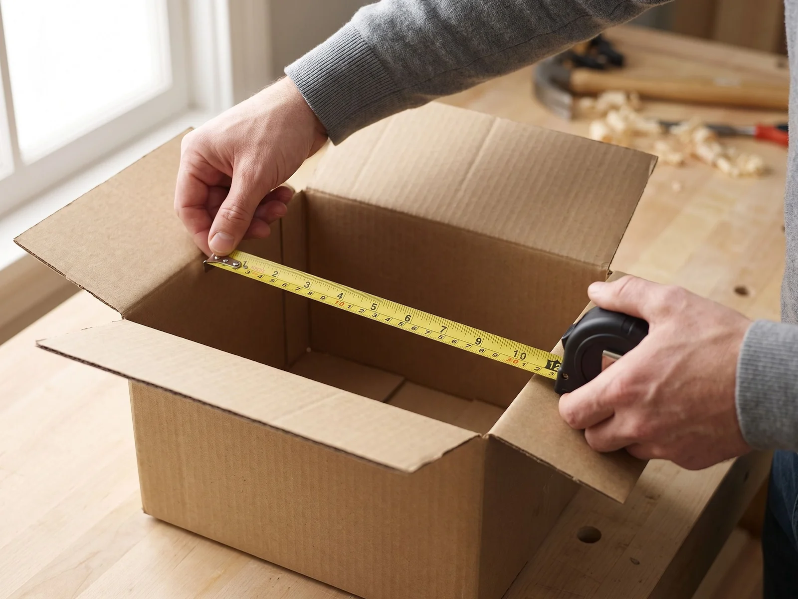 Manos midiendo por dentro una caja de cartón con un flexómetro