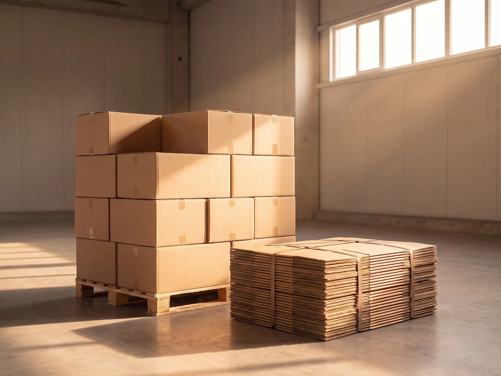 Cajas de cartón dobladas y listas en la bodega de Las Pintitas
