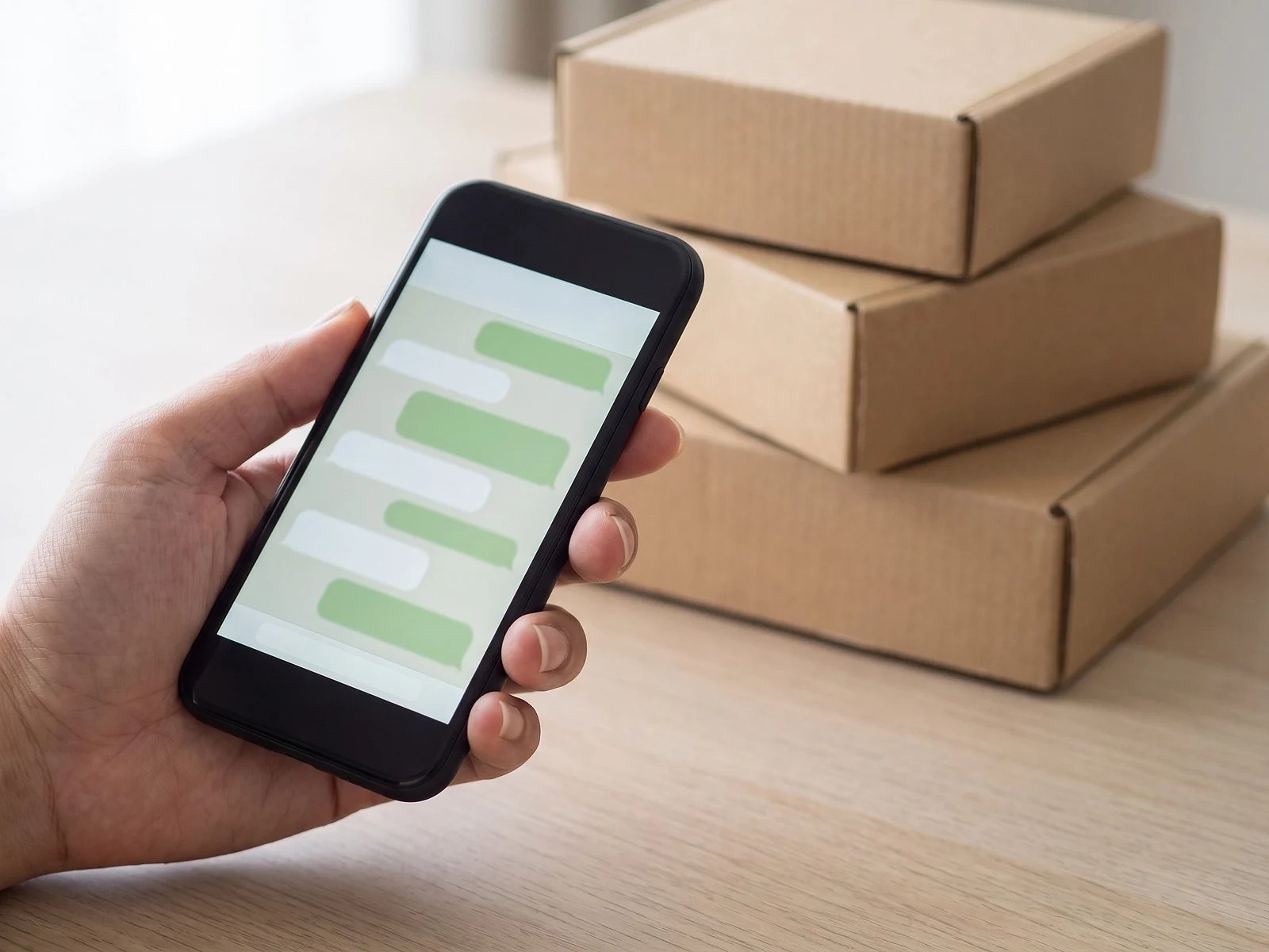 Mano con un teléfono junto a cajas de cartón, lista para mandar las medidas