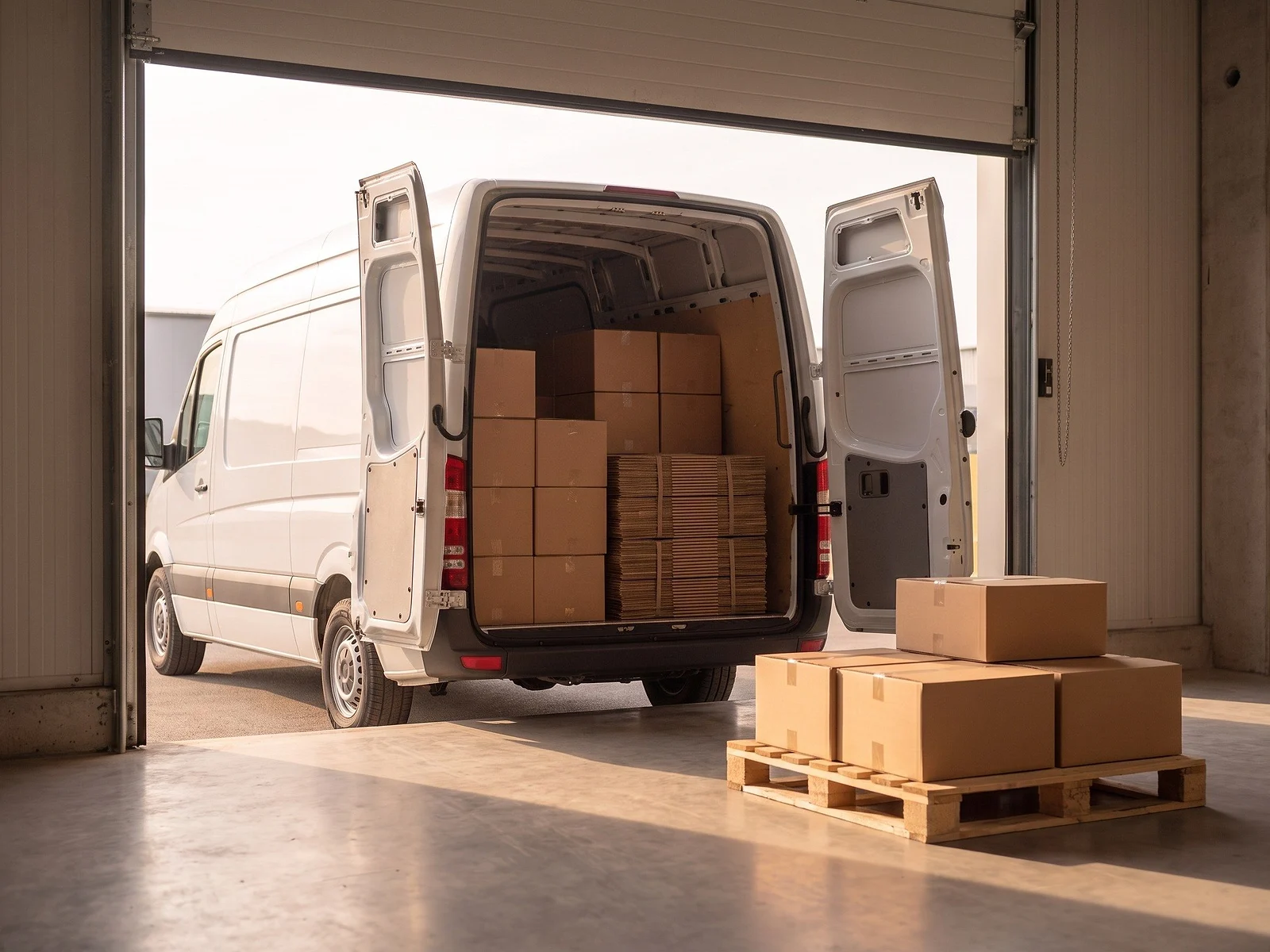 Cajas de cartón kraft cargadas en una camioneta de reparto sin logotipos, en el andén de la bodega